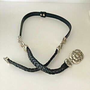 Olga Santini Belt M Medium Genuine Leather Black Silver Floral Braided